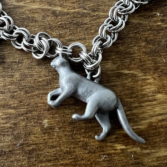 Double Ring Silver Chain Bracelet with 5 Cat Charms - Picture 2 of 4